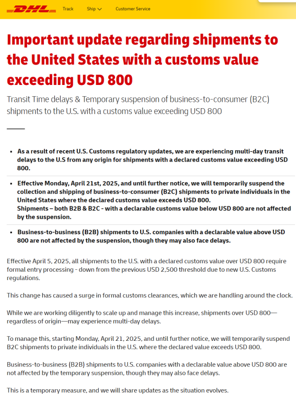 亿财配资 物流巨头宣布：4月21日起暂停此类去往美国的货件