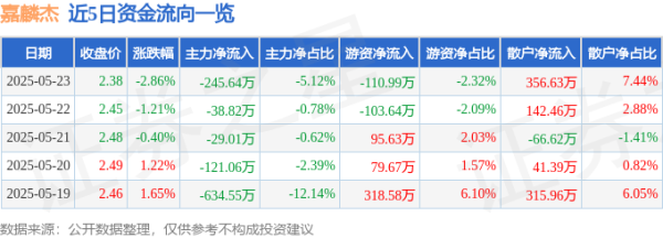 九鼎 股票行情快报：嘉麟杰（002486）5月23日主力资金净卖出245.64万元